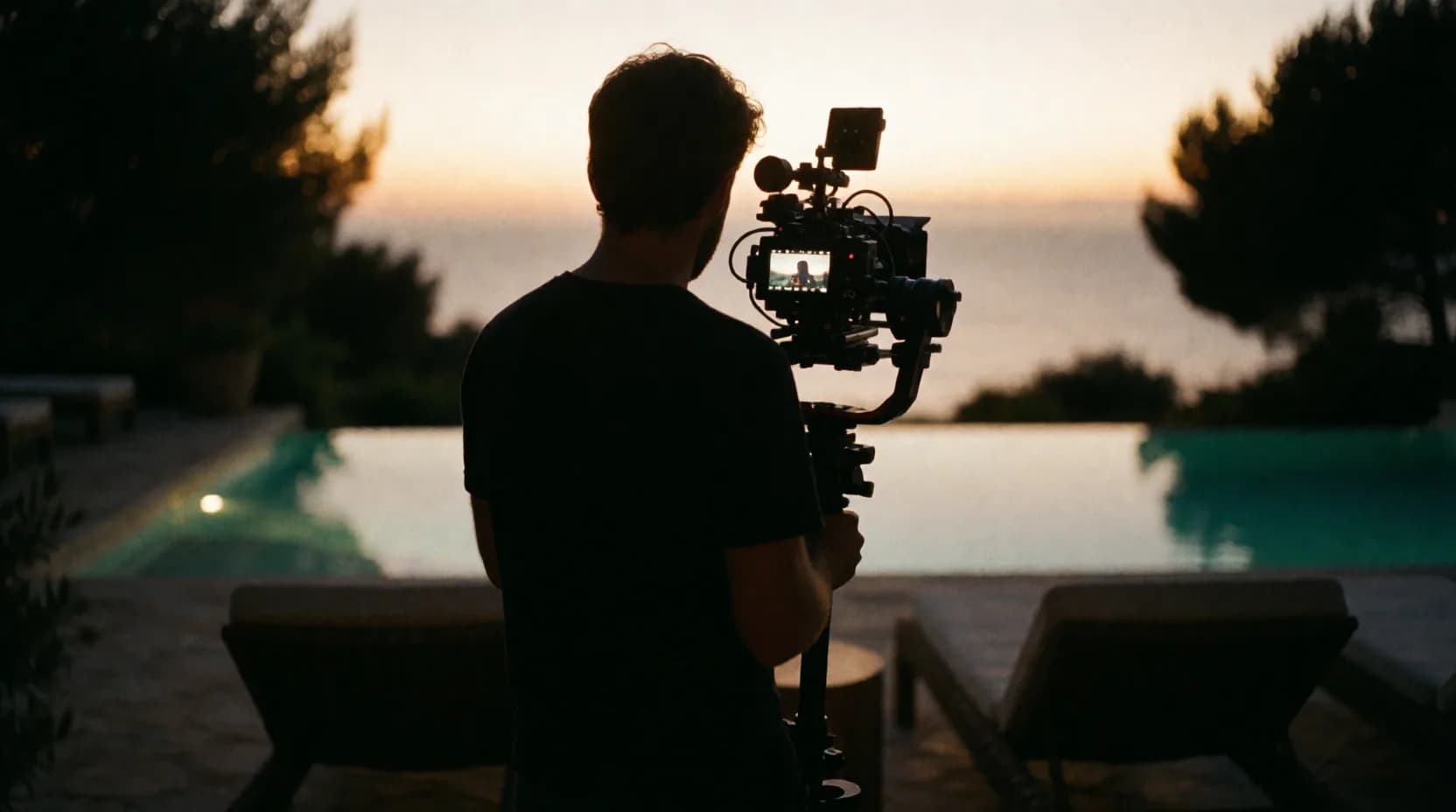 Un cadreur au gimbal au bord d'une piscine, au crépuscule.